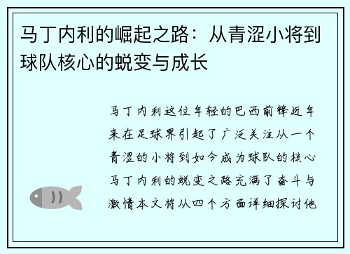 马丁内利的崛起之路：从青涩小将到球队核心的蜕变与成长